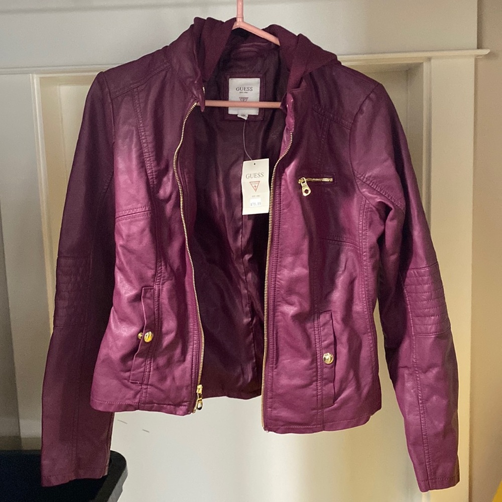 NWT Guess Maroon Leather Jacket with Detachable Hood